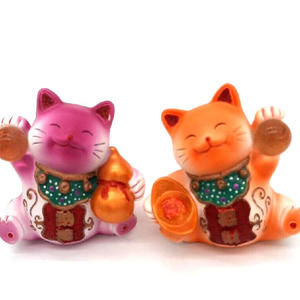 Maneki Neko Lot of 2 Lucky Cat Orange & Pink Happy Welcoming with Ball Figurines